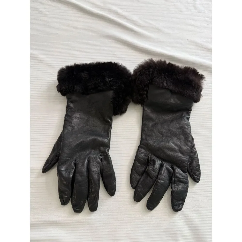 Stewart’s Vintage Genuine Leather Women’s  Black Fur Gloves Size 6 1/2